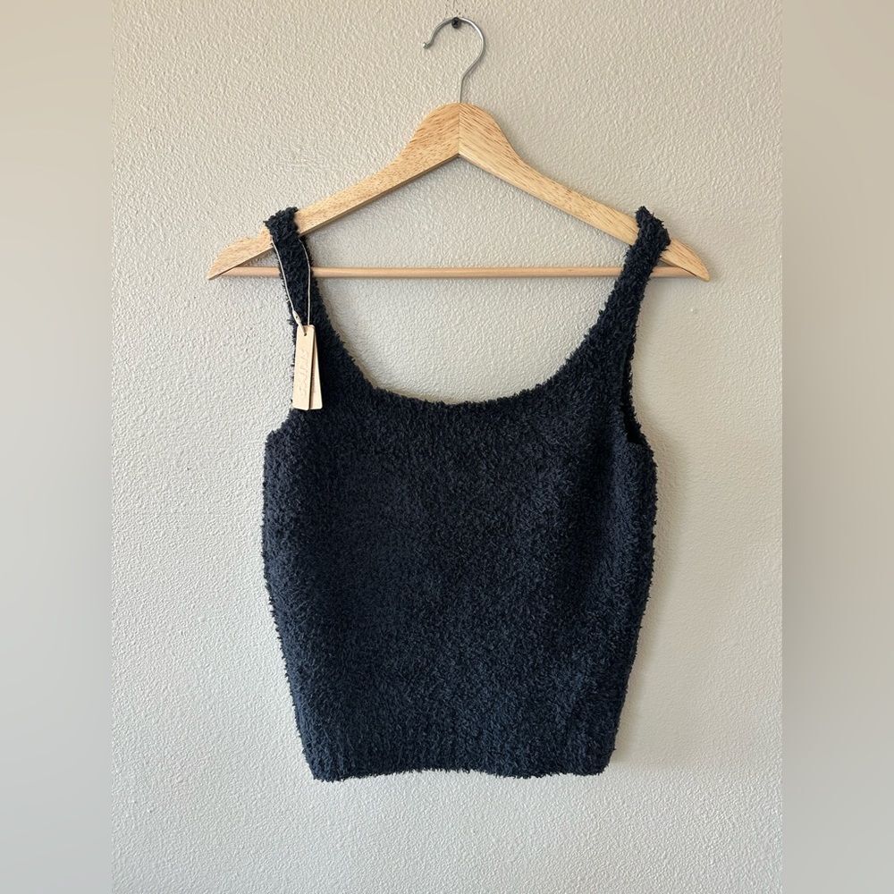 NWT Skims Cozy Knit Sherpa Fleece Cropped Scoop Neck Tank Top Black Size L/XL